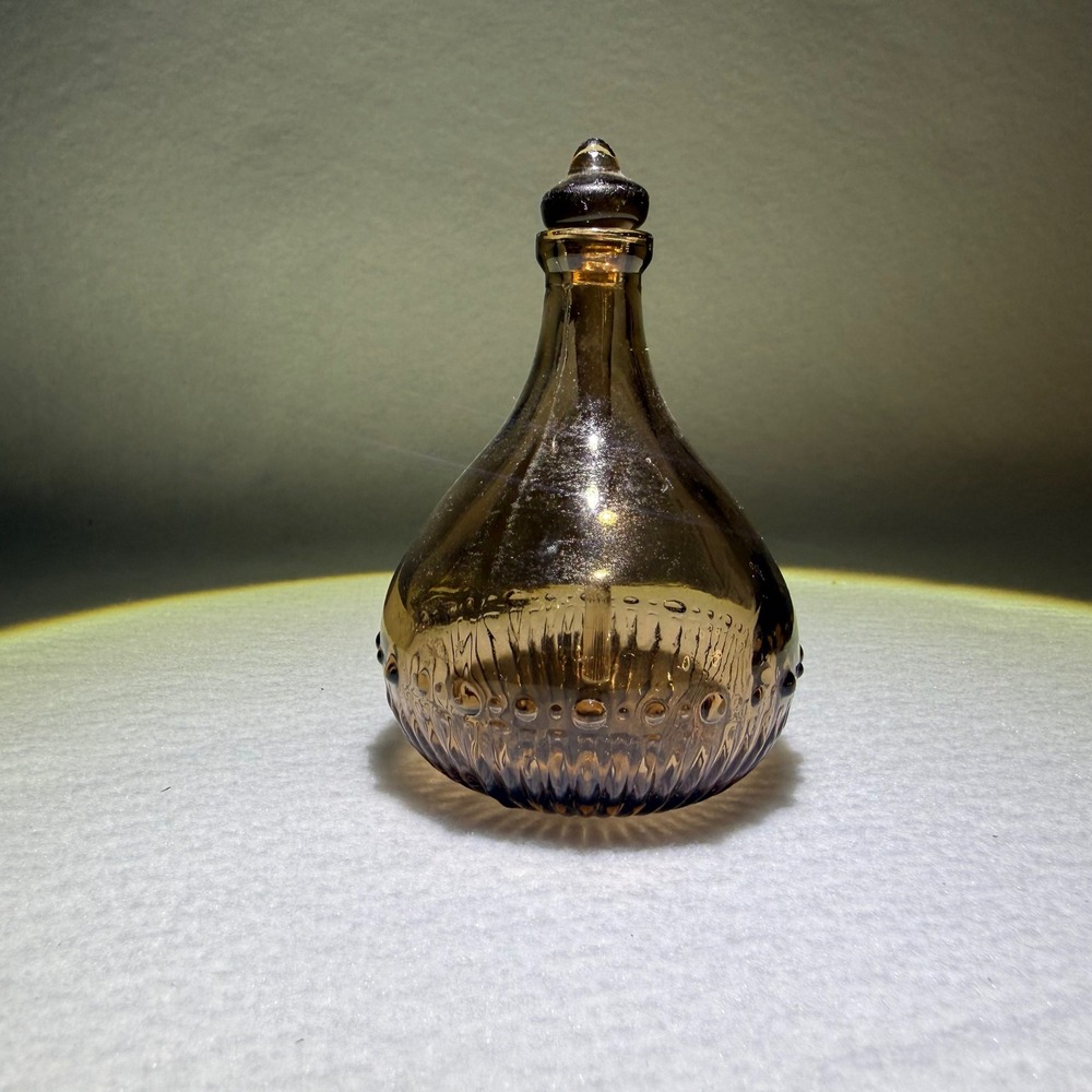 Vintage Smoky Amber Hand Blown Glass Perfume Bottle with Stopper Applicator